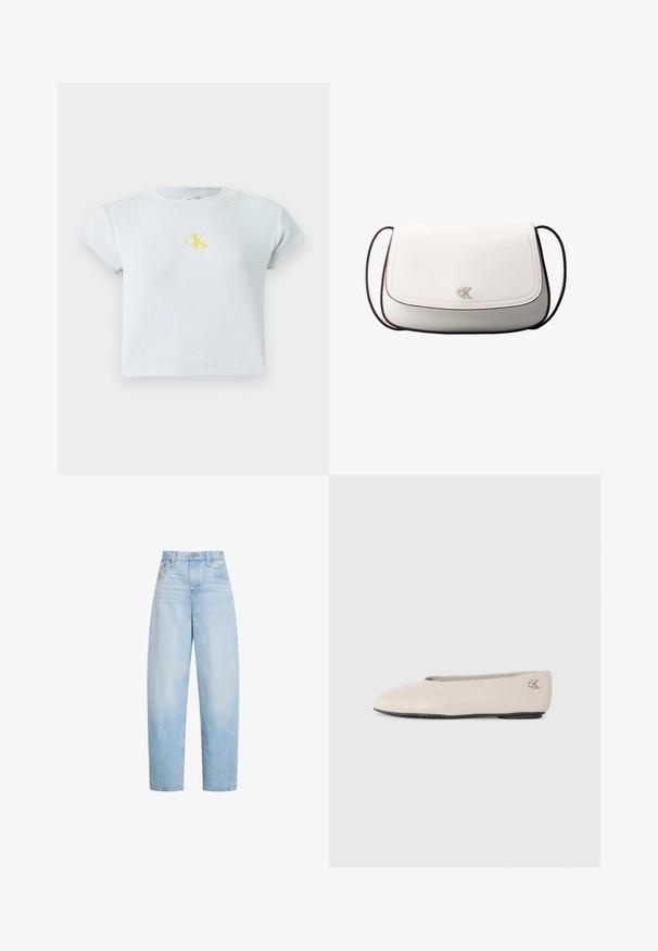 Svetlomodrý, ryhovaný crop top s krátkym rukávom a žltým logom CK na hrudi. Jednoduchý, priliehavý dizajn s okrúhlym výstrihom. Hladká textúra.; Svetlomodré rifle s vysokým pásom a rovnými nohavicami, s prednými vreckami, pútkami na opasok a zapínaním na gombík.; Bežové kožené baletky s nízkou čiernou podrážkou a strieborným logom "cK" na pätke, minimalistický dizajn, bočný pohľad na jednoduchom pozadí.; Biela kabelka cez rameno s preklápacím zapínaním, malým strieborným logom "cK" v strede a tenkým tmavohnedým nastaviteľným popruhom.