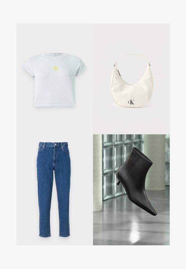 Lichtblauwe, geribde crop top met korte mouwen en een gele CK-logo op de borst. Eenvoudig, aansluitend ontwerp met een ronde halslijn. Gladde textuur.; Blauwe denim jeans met een hoge taille, ritssluiting, vijf zakken, rechte pijpen en een subtiele vervaagde textuur, afgewerkt met een nette zoom.; Zwarte leren enkellaars met puntige neus en lage hak, afgebeeld tegen een glazen blokkenmuur en gepolijste vloer op de achtergrond.; Kleine witte handtas in de vorm van een halve maan met een kort hengsel, ritssluiting en zwart "cK" logo aan de voorkant.