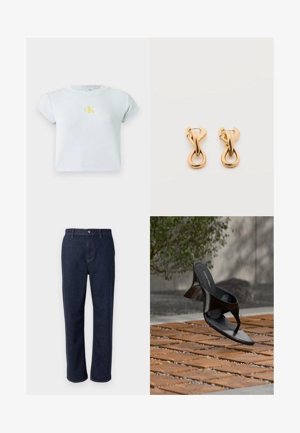 Ανοιχτό μπλε, ριγέ κοντομάνικο crop top με κίτρινο λογότυπο CK στο στήθος. Απλός, στενός σχεδιασμός με στρογγυλή λαιμόκοψη. Λείο υφασμά.; Σκούρο μπλε τζιν παντελόνι με ίσια γραμμή, που διαθέτει φερμουάρ, μπροστινές τσέπες και εμφανή ραφή σε αντίθετο χρώμα.; Μαύρο γυναικείο σανδάλι Calvin Klein με τακούνι και λουράκι δακτύλου που αιωρείται πάνω από πλακόστρωτη εξωτερική επιφάνεια με φυτά και τοίχο από σκυρόδεμα στο φόντο.; Ζευγάρι λαμπερών σκουλαρικιών σε χρυσό τόνο με βρόχο, σε απλό λευκό φόντο, με σχέδιο πλεγμένων σπειρωτών.