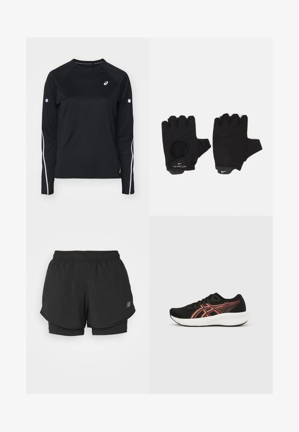 T-shirt de sport noir à manches longues avec des manches raglan, bandes réfléchissantes blanches sur les côtés et col rond. Présente un petit logo sur la poitrine.; Shorts de sport noirs avec une taille élastique, présentant un design superposé et une doublure intérieure. Le tissu semble léger et lisse.; Chaussure de sport noire légère avec tige en mesh, accents rouges contrastants, bout arrondi et semelle blanche amortie. Nom du modèle : Patriot 14.; Gants sans doigts noirs avec un design texturé. Fabriqués en matériau respirant, dotés d'un trou pour le pouce et d'une paume renforcée pour une meilleure prise.