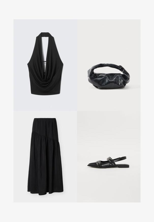 Μαύρο αμάνικο τοπ με halter, βαθύ ντεκολτέ με draped σχέδιο και ανοιχτή πλάτη, κρεμασμένο σε ανοιχτό γκρι φόντο.; Μαύρη φούστα μήκους μέχρι τον αστράγαλο με συλλεγμένο ύφασμα και διαγώνια ραφή μπροστά.; Even&Odd Μπαλαρίνες με λουράκι στον αστράγαλο - black; Μαύρη τσάντα φτιαγμένη από γυαλιστερό, υφασμάτινο υλικό με κυκλική, στροβιλισμένη λαβή και κλείσιμο με φερμουάρ. Διαθέτει ένα μαλακό, ζαρωμένο σχέδιο.