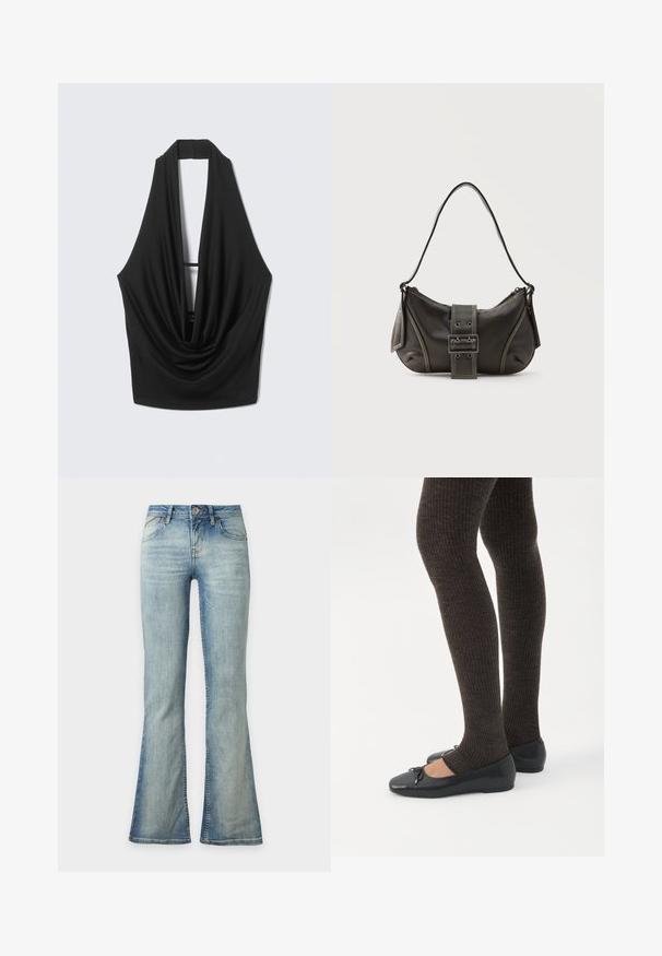 Μαύρο αμάνικο τοπ με halter, βαθύ ντεκολτέ με draped σχέδιο και ανοιχτή πλάτη, κρεμασμένο σε ανοιχτό γκρι φόντο.; Φωτεινά γαλάζια τζιν με μικρή φάση στο κάτω μέρος, εμπρόσθιο κούμπωμα με κουμπί και φερμουάρ, και εμπρόσθιες τσέπες.; Πόδια με σκουρόχρωμα ριμπ κολάν συνδυασμένα με μαύρα μπαλαρίνα παπούτσια με μικρές λεπτομέρειες φιόγκων σε λευκό φόντο.; Μαύρη δερμάτινη τσάντα ώμου με λεπτομέρεια ιμάντα με πόρπη, καμπυλωτές άκρες και αντίθετη λευκή ραφή σε απλό φόντο.