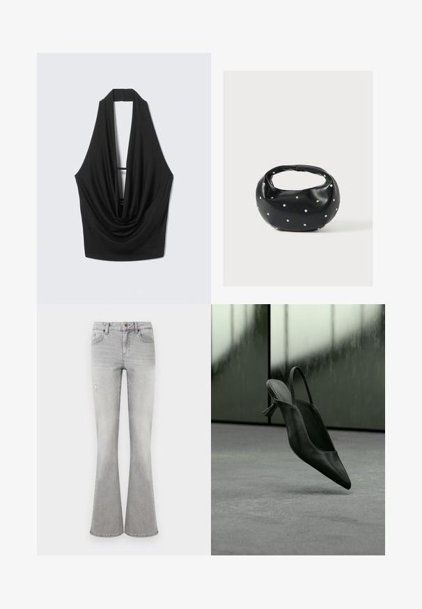 Μαύρο αμάνικο τοπ με halter, βαθύ ντεκολτέ με draped σχέδιο και ανοιχτή πλάτη, κρεμασμένο σε ανοιχτό γκρι φόντο.; Γυναικείες τζιν παντελόνες με υψηλή μέση σε ανοιχτό γκρι χρώμα, με φαρδύ τελείωμα, εμπρόσθιες τσέπες, κούμπωμα με κουμπί και μια μικρή φθορά στο αριστερό μηρό.; Μαύρο δερμάτινο γόβα με λουράκι στο πίσω μέρος και μυτερή μύτη που αιωρείται πάνω από γκρι χαλασμένο πάτωμα, θολός πράσινος τοίχος στο φόντο.; Μαύρη δερμάτινη τσάντα χειρός με στρογγυλεμένο σχήμα, διακοσμημένη με ασημένιες λεπτομέρειες με καρφιά και κοντή λαβή. Λείο υλικό και κλείσιμο με φερμουάρ.