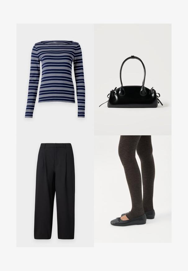 Navy lange mouw top met witte horizontale strepen, bootkraag en zachte, rekbare stof. Eenvoudig, getailleerd design, minimale details.; Zwarte broek met een ontspannen pasvorm, geplooid front, platte tailleband en een zachte textuur. Geëindigd op een cropped lengte, geschikt voor formele of casual kleding.; Benen met donkere geribbelde leggings gecombineerd met zwarte ballerina's met kleine strikdetails op een witte achtergrond.; Kleine zwarte glanzende handtas met twee lange hengsels en zijkant trekkoord details op een effen lichte achtergrond.