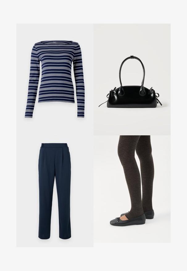 Langærmet marineblå top med hvide vandrette striber, bådudskæring og blødt, strækbart stof. Enkel, tætsiddende design med minimal dekoration.; Marineblå bukser med straight-leg design, der har høj talje, folder og en glat, blød tekstur. Ingen synligt hardware eller mønstre.; Ben iført mørke ribbede leggings kombineret med sorte balletsko med små sløjfedetaljer på hvid baggrund.; Lille sort blank håndtaske med to lange håndtag og snøre-detaljer i siden på en ensfarvet lys baggrund.