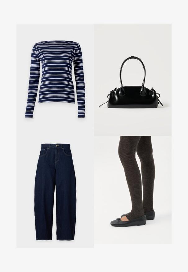 Navy lange mouw top met witte horizontale strepen, bootkraag en zachte, rekbare stof. Eenvoudig, getailleerd design, minimale details.; Donkerblauwe wijde denim jeans met knoop- en ritssluiting aan de voorkant, riemlussen en voorzakken tegen een lichte achtergrond.; Benen met donkere geribbelde leggings gecombineerd met zwarte ballerina's met kleine strikdetails op een witte achtergrond.; Kleine zwarte glanzende handtas met twee lange hengsels en zijkant trekkoord details op een effen lichte achtergrond.