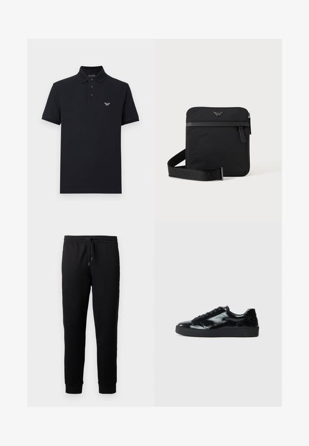 Navy polo shirt with a classic collar, three-button placket, and embroidered logo on the chest. Made of cotton, featuring short sleeves.; Black jogger pants made of soft fabric with an elastic waistband and drawstring. Features tapered legs with ribbed cuffs.; Black patent leather sneakers with a rounded toe, lace-up design, textured rubber sole, and a smooth finish.; Black square shoulder bag with zip closure, front pocket, and adjustable strap featuring embossed brand name.
