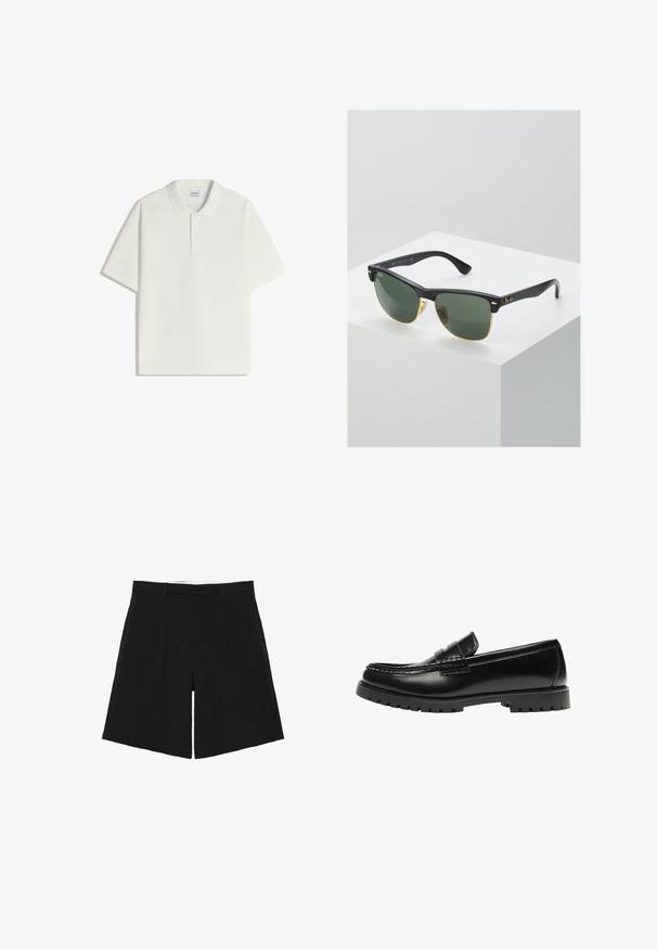 Polo blanc à manches courtes avec patte à deux boutons et col classique, posé à plat sur fond blanc.; Short noir sur mesure avec passants de ceinture, plis devant et poches latérales, posé à plat sur un fond blanc.; Mocassin en cuir noir avec une semelle en caoutchouc épaisse et un détail classique de bride à monnaie, vu de côté extérieur.; Lunettes de soleil Ray-Ban avec des verres verts, monture en plastique noir et accents dorés sur les bords. Forme carrée avec une finition mate.