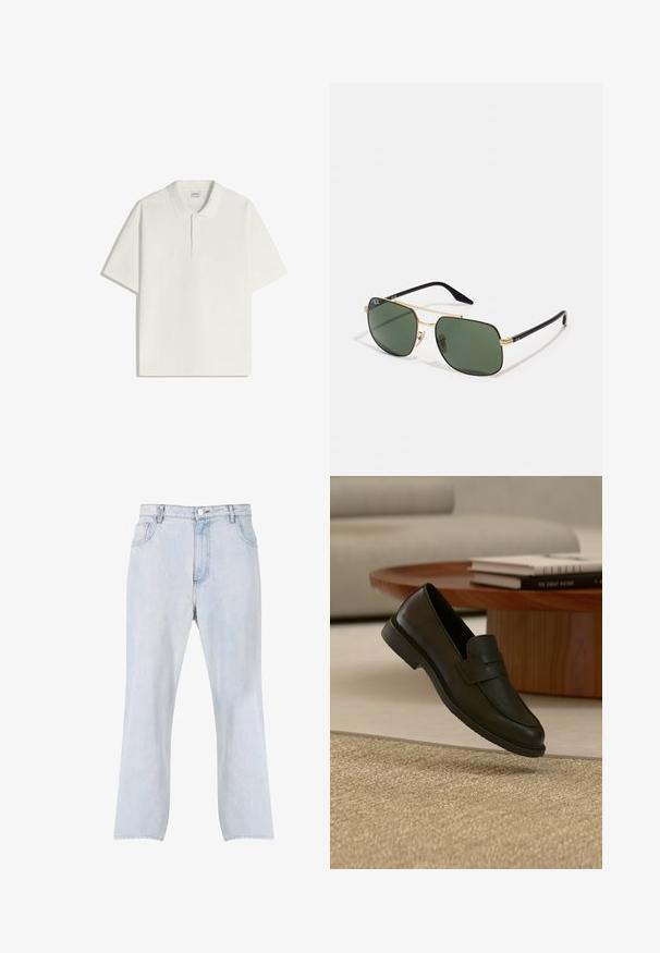 Polo blanc à manches courtes avec patte à deux boutons et col classique, posé à plat sur fond blanc.; Jean en denim bleu clair avec jambes droites, fermeture frontale par bouton et zip, et design à cinq poches.; Chaussure mocassin en cuir noir présentée en suspension au-dessus d'un tapis beige tissé, avec une table en bois et des livres empilés dans un salon doucement éclairé.; Lunettes de soleil en métal doré avec des lentilles vertes, de forme rectangulaire, branches en plastique noir et un design bicolore. Comprend des plaquettes de nez pour le confort.