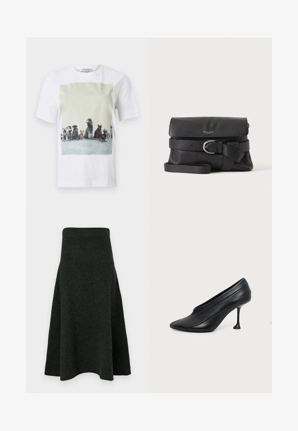 Weißes T-Shirt mit einem Frontfotoaufdruck von neun verschiedenen Hunderassen, die in einer Reihe auf einem Betonboden sitzen.; Ein dunkelgrüner Filzrock mit einer ausgestellten Silhouette, hohem Bund und glatter Textur. Der Saum ist sanft gewölbt für ein fließendes Erscheinungsbild.; Schwarzer Leder High-Heel-Schuh mit spitz zulaufender Zehenpartie, geschwungener Sohle und schlankem, ausgestelltem Stöckelabsatz vor schlichtem hellem Hintergrund.; Schwarze Crossbody-Tasche aus genarbtem Leder mit Klappverschluss, silberner Schnallenriemen-Detail und verstellbarem Schultergurt auf einfarbigem Hintergrund.