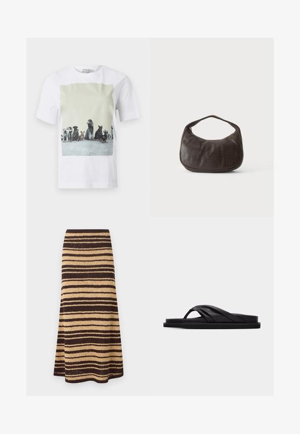 T-shirt blanc avec une impression photo sur le devant montrant neuf différentes races de chiens assises en rang sur un sol en béton.; Jupe en tricot présentant des rayures alternées marron et beige, une taille élastique et une silhouette évasée, mettant en valeur un tissu texturé.; Sandale plate noire avec bride croisée rembourrée et entre-doigt, design minimaliste sur fond gris clair uni.; Petit sac à main marron foncé texturé avec une courte bandoulière et un fond arrondi sur un fond clair uni.