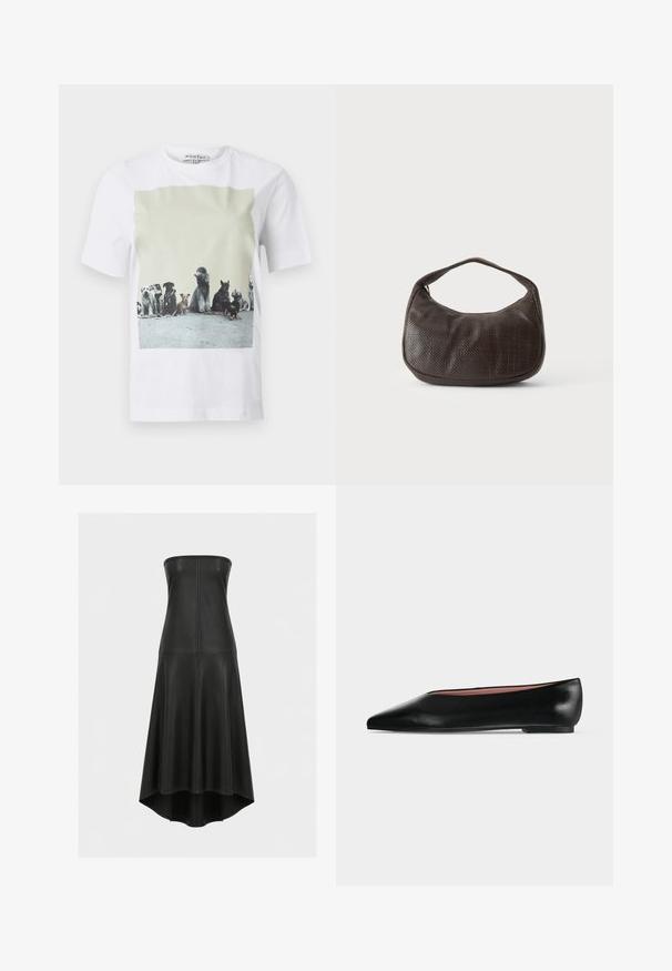 White t-shirt with a front photo print of nine different dog breeds sitting in a row on a concrete floor.; Black strapless faux leather dress with fitted bodice and flared skirt, featuring seam details and a high-low hemline.; Black leather women's flat shoe with pointed toe and low heel, shown from side on plain light gray background.; Small dark brown textured handbag with a short strap and rounded bottom on a plain light background.