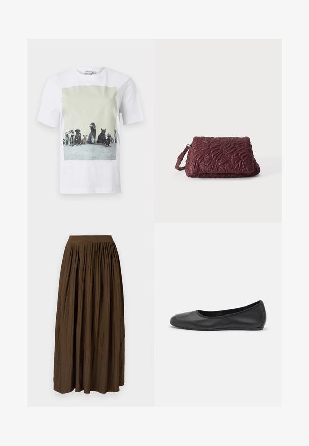 White t-shirt with a front photo print of nine different dog breeds sitting in a row on a concrete floor.; Brown pleated maxi skirt with a wide elastic waistband and textured fabric, featuring vertical folds for added detail and flow.; Black leather ballet flat with a rounded toe, smooth texture, minimal stitching detail, and a flexible sole design.; Dark red textured leather clutch bag with embossed leaf patterns and an adjustable wrist strap on a plain light background.