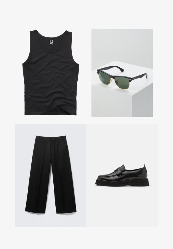 Zwarte tanktop van gladde stof, met een ronde halslijn en armsgaten, met een effen ontwerp en zonder zichtbare patronen of accenten.; Zwarte broek met brede pijpen, voorzien van lussen voor een ceintuur, steekzakken aan de voorkant en een ritssluiting, getoond op een lichtgrijze achtergrond.; Zwarte leren instapschoenen in loafer-stijl, met een vlakke, gestructureerde zool, voorzien van een gestikte neus en een band over de wreef.; Ray-Ban zonnebrillen met groene lenzen, zwarte plastic monturen en gouden accenten aan de randen. Vierkante vorm met een matte afwerking.