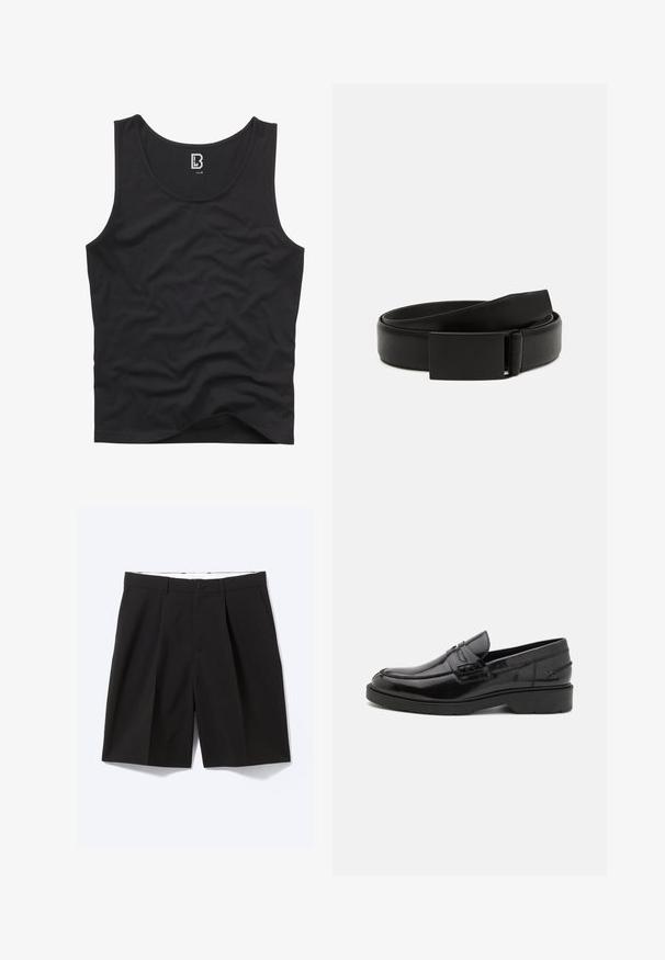 Top negro sin mangas hecho de una tela suave, con un escote redondeado y sisa, con un diseño liso y sin patrones ni acentos visibles.; Pantalones cortos negros confeccionados a medida hasta la rodilla con trabillas para cinturón, bolsillos laterales, cierre con botones y pinzas delanteras, extendidos sobre un fondo blanco.; Mocasines de cuero negro con un acabado suave, punta redondeada, tacón bajo y costura decorativa en la parte delantera. Suela de goma para mayor agarre.; Cinturón de cuero negro con una textura suave, que cuenta con una hebilla rectangular negra mate y un diseño clásico y minimalista.