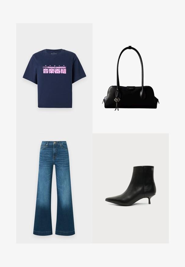 T-shirt à manches courtes bleu marine avec le texte rose "EDWIN MUSIC CHANNEL" et des caractères japonais centrés sur le devant.; Jean en denim bleu taille haute avec jambes larges, fermeture à boutons sur le devant, cinq poches et détails délavés sur les cuisses et le bas des jambes.; Bottine en cuir noir avec bout pointu et petit talon kitten sur fond clair, vue côté extérieur.; Sac à main en cuir noir Calvin Klein avec de longues anses, une étiquette logo à l'avant et un charme géométrique argenté suspendu à une anse.