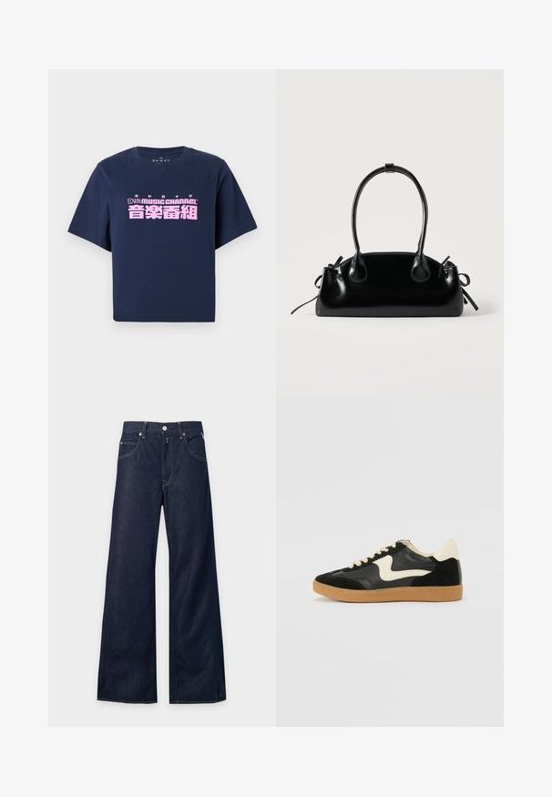 T-shirt à manches courtes bleu marine avec le texte rose "EDWIN MUSIC CHANNEL" et des caractères japonais centrés sur le devant.; Jean en denim bleu foncé à jambes larges avec poches avant, passants de ceinture et fermeture par bouton.; Baskets en daim et cuir noir avec un swoosh latéral crème et un talon crème clair. Dotées de lacets beige et d'une semelle en caoutchouc gomme.; Petit sac à main noir brillant avec deux longues anses et des détails à cordon sur les côtés sur un fond clair uni.