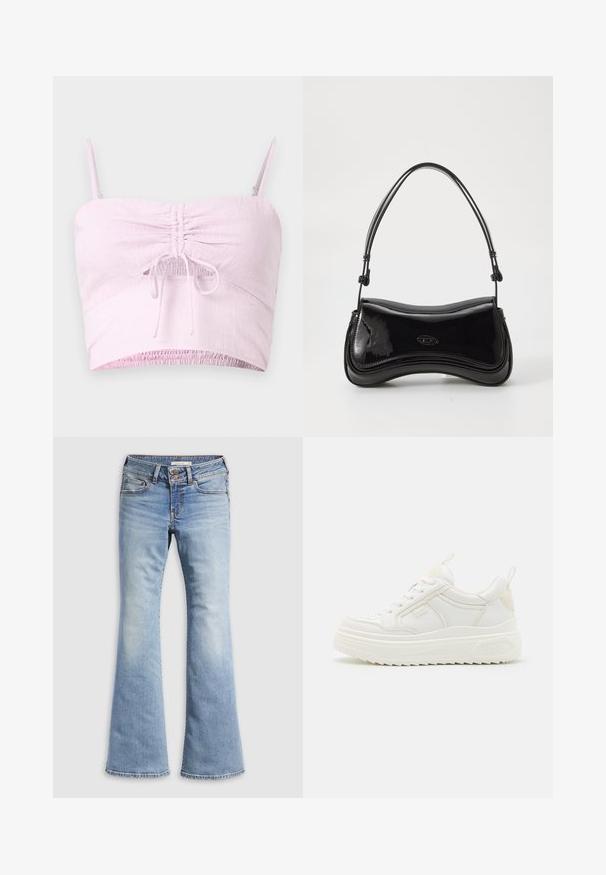 Lys pink cropped top med justerbare spaghetti-stropper, samlet frontdetalje og elastisk kant. Struktureret stof tilføjer blødhed.; Lyseblå vidde jeans lavet af denim. Har knaplukning, fem lommer og falmet tekstur med sømløse kanter.; Hvide lædersneakers med en kraftig sål, snørebåndsdesign og subtil branding. Har en glat overflade og rund tå.; Sort patentlæder håndtaske med en buet form, et enkelt håndtag og en rund bund. Har en subtil logo-detalje på forsiden.