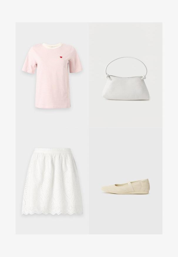 T-shirt à rayures roses avec manches courtes, col rond, et un petit cœur rouge brodé sur la poitrine. Tissu doux avec une coupe décontractée.; Jupe blanche en dentelle avec un ourlet en forme de vagues. Présente une taille froncée et des motifs perforés complexes sur tout le tissu.; Ballerines beiges avec une exterior en cuir lisse, un bout en forme d'amande et une sangle élastique sur le coup de pied, avec des détails de couture subtils.; Sac à main en cuir tressé blanc avec poignée arrondie et extrémités de lanière nouées, présenté sur un fond uni.