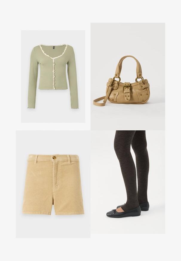 Cardigan côtelé vert clair à manches longues avec bordure volantée blanche le long de l'encolure, de la patte de boutonnage et des poignets, boutonné devant.; Shorts en velours côtelé khaki avec un motif texturé en relief, dotés d'une fermeture à bouton à l'avant et de deux poches latérales. Design classique à coupe droite.; Jambes portant des leggings côtelés foncés associés à des ballerines noires avec de petits détails en nœud sur fond blanc.; Sac à main en cuir beige avec double poignées, boucle en laiton et détails rivetés, ainsi qu'une bandoulière réglable sur fond blanc.