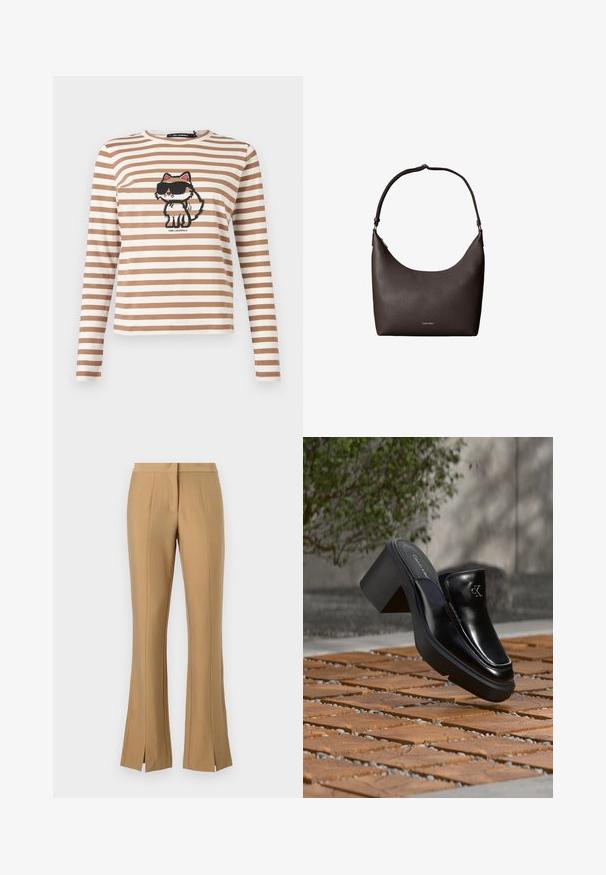 Beige-wit gestreept shirt met lange mouwen en een cartoonkat met zonnebril op de borst gedrukt.; Beige uitlopende broeken met een voorinsnijding, gemaakt van zachte stof. Beschikt over een platte tailleband en scherpe plooidetails die langs de benen lopen.; Zwarte leren Calvin Klein slip-on mule met blokhak rustend op houten tegels buiten, vlak bij een groene plant en een grijze muur.; Donkerbruine leren schoudertas met structuur, met een enkele band en klein Calvin Klein-logo aan de voorkant in het midden.