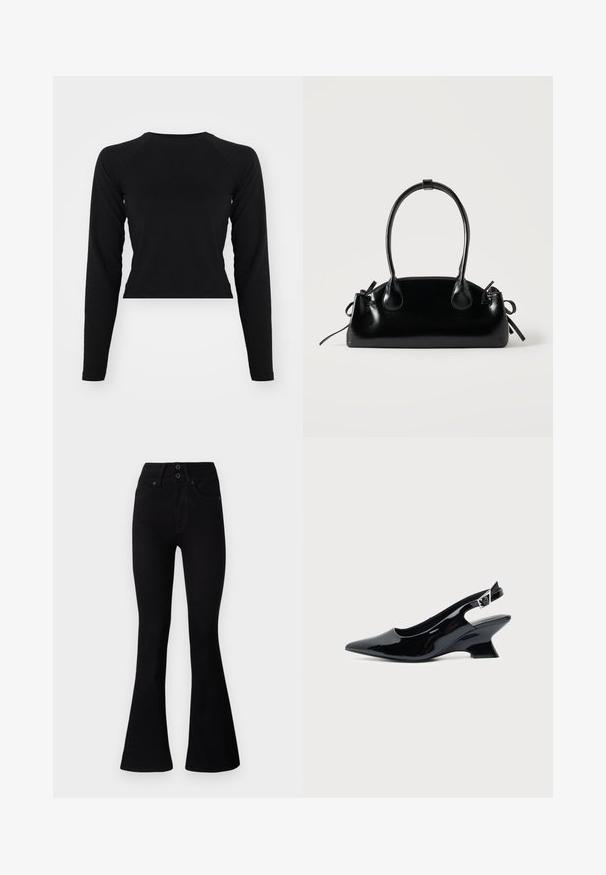 Must have pikka varrukatega must lühike topp, ümmargune kaelus. Sile tekstuur, minimalistlik disain, ilma nähtavate mustrite või metalldetailideta.; Pepe Jeans FLARE CONTOUR - Alt laienevad teksad - black denim; Mustast lakknahast slingback king, millel on terav nina ja madal kalle plokktald, ühtlase heleda taustaga.; Väike must läikiv käekott kahe pika sangaga ja külgedel paelakinnitustega, ühel lihtsal helel taustal.