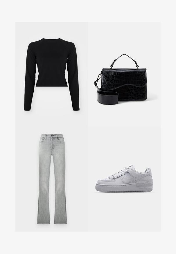 Sort langærmet crop top med rund hals og raglanærmer. Glat tekstur, minimalistisk design og ingen synlige mønstre eller hardware.; Lysegrå flared jeans med en glat denimtekstur, der har frontlommer og en knaplukning. Kantene har sideslids for ekstra detalje.; Grå Nike Air Force 1 sneakers med perforeret tå, glat læderoverdel, tyk sål og præget 'AIR' detalje på hælen.; Sort faux læder crossover taske med et tekstureret krokodillemønster, en top-håndtag og en justerbar rem. Egenskab: buet klaplukning.
