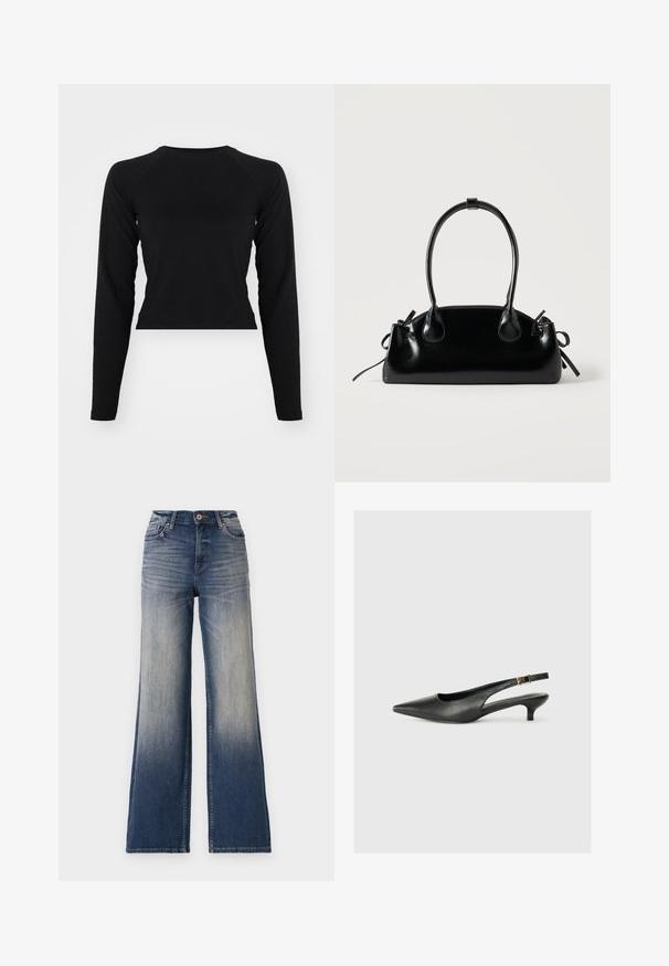 Čierny dlhý rukáv cropped top s okrúhlym výstrihom a raglánovými rukávmi. Hladká textúra, minimalistický dizajn a bez viditeľných vzorov alebo hardvéru.; Džíny s vysokým pásom a širokými nohavicami v prechode od svetlomodrej po tmavomodrú denim s vyblednutím, so zapínaním na gombík a pútkami na opasok. Hladký lem a žiadne viditeľné ozdoby.; Čierne body topánky s otvorenou pätou vyrobené z hladkej kože. Zobrazuje tenké opätky a ozdobný detail s prackou na nastaviteľnom popruhu.; Malá čierna lesklá kabelka s dvoma dlhými rúčkami a bočnými šnúrkovými detailmi na jednoduchom svetlom pozadí.
