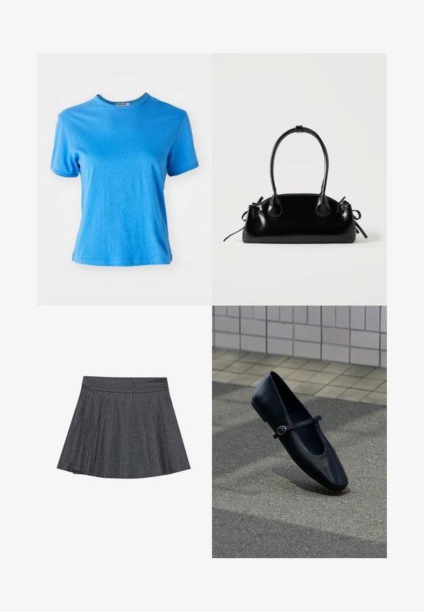 T-shirt bleu à manches courtes en coton. Encolure ronde avec une texture douce et une coupe légèrement décontractée. Sans motifs ni accents supplémentaires.; Jupe patineuse grise à rayures générales avec une taille ajustée, en forme évasée A et texture de tissu douce. Les lignes verticales renforcent l'intérêt visuel.; Chaussure plate Mary Jane en cuir noir avec une petite bride à boucle, posée sur une surface en asphalte gris près d'un mur carrelé.; Petit sac à main noir brillant avec deux longues anses et des détails à cordon sur les côtés sur un fond clair uni.
