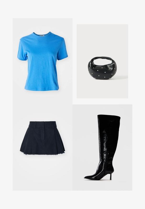 T-shirt bleu à manches courtes en coton. Encolure ronde avec une texture douce et une coupe légèrement décontractée. Sans motifs ni accents supplémentaires.; Jupe en coton bleu marine à forme évasée, avec des plis, un ourlet effiloché et une taille avec passants pour ceinture.; Bottes noires montantes en cuir verni avec un motif crocodile. Bout pointu et talon fin ; dotées d'une fermeture éclair sur le côté.; Sac à main en cuir noir de forme arrondie, décoré de clous argentés et équipé d'une poignée courte. Texture lisse et fermeture éclair.