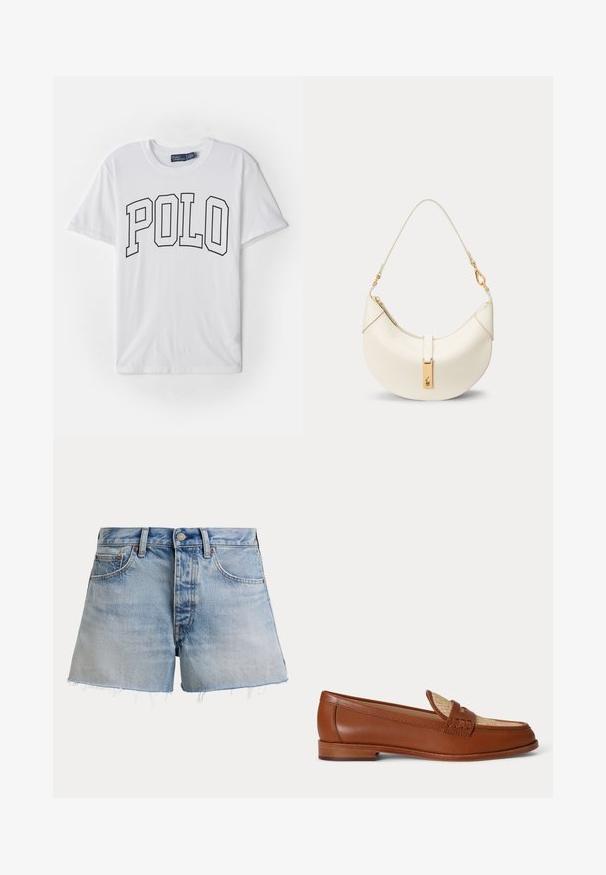Hvid bomulds T-shirt med en sort konturprint af ordet "POLO" på forsiden, korte ærmer og en rund halsudskæring.; Lyseblå denimshorts med frynset kant, knaplukning foran, bæltestropper samt lommer foran og bagpå.; Brun læderloafer med vævet beige panel på toppen, lavt træhæl og traditionelt penny-strap design på hvid baggrund.; Kremfarvet halvmåne lædertaske med kort rem og guldfarvet spænde med lille indgraveret logo.