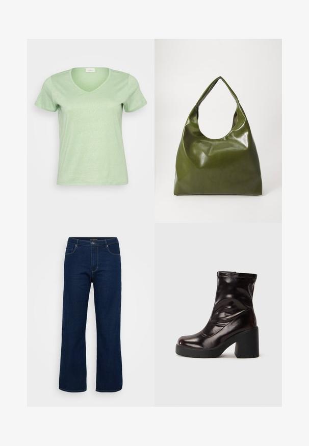 Lys grøn, kortærmet V-hals T-shirt lavet af et blødt, let skinnende stof med et enkelt og rent design.; Mørkeblå denim jeans med lige pasform, der har en lynlås, fem lommer og synlige syninger.; Lysende sorte ankelstøvler med kraftig blokhæl og rund tå, glat læderoverdel med diskrete syninger.; Grøn læder hobo taske med en slouchy design, buet håndtag og glat tekstur. Indeholder ingen synlig hardware eller accenter.