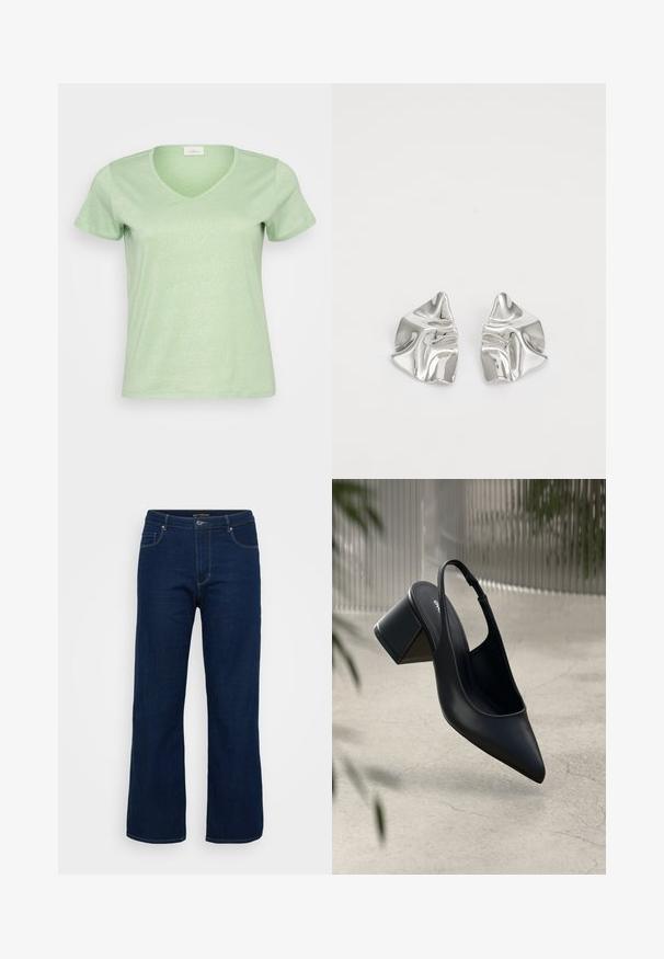 Lys grøn, kortærmet V-hals T-shirt lavet af et blødt, let skinnende stof med et enkelt og rent design.; Mørkeblå denim jeans med lige pasform, der har en lynlås, fem lommer og synlige syninger.; Sort læder slingback hæl med spids tå og blokhæl. Glat tekstur, minimalistisk design og justerbar ankelrem.; Sølvmetal øreringe med et bølgende, skulpturelt design, der har en poleret overflade og uregelmæssige former, hvilket fremhæver en moderne æstetik.