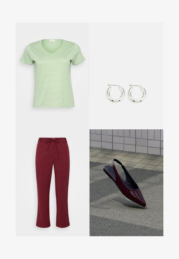 Camiseta de cuello en V de manga corta en verde claro, hecha de un tejido suave y ligeramente brillante con un diseño simple y limpio.; Pantalones burdeos fabricados con un tejido texturizado, con cinturilla con cordón y corte recto. Sin bolsillos ni herrajes visibles.; Zapato plano tipo slingback de charol burdeos con punta puntiaguda flotando sobre un pavimento texturizado cerca de una pared con azulejos.; Pendientes de aro de plata con un acabado pulido, que presentan una forma circular y un cierre de gancho. Textura suave con detalles mínimos.