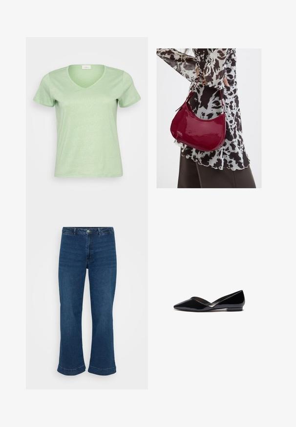 Camiseta de cuello en V de manga corta en verde claro, hecha de un tejido suave y ligeramente brillante con un diseño simple y limpio.; Jeans de cintura alta en azul con pierna recta y dobladillo acampanado, fabricados en denim. Presentan un diseño clásico de cinco bolsillos y cierre con botón de metal.; Bailarinas de charol negro con punta afilada, parte superior en forma de V, tacón plano y delgado y textura suave. Diseño minimalista sin hardware visible.; Mujer con blusa de estampado en blanco y negro sosteniendo un bolso de hombro rojo brillante sobre un fondo liso.