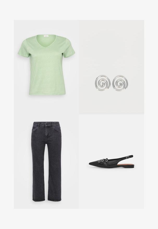 Lys grøn, kortærmet V-hals T-shirt lavet af et blødt, let skinnende stof med et enkelt og rent design.; Sorte denim jeans med lige ben design, fem lommer og knaplukning. Stoffet har en let falmet tekstur og robust syning.; Sort læderslyngeflad sko med spids tå, der har to vandrette stropper og firkantede sølvspænder, lav hæl og glat tekstur.; Par sølvspiral øreringe med glat, afrundet design på en ensartet hvid baggrund.