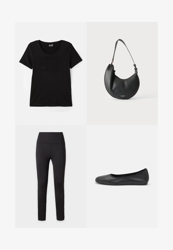 Camiseta negra de manga corta hecha de tela suave, con un logo sutil y brillante en un diseño tonal en la parte frontal. Escote redondo.; Leggings negros de cintura alta, ajustados y con un detalle de estampado animal que recorre los lados exteriores de las piernas.; Bailarina de piel negra con punta redondeada, textura suave, detalle de costura minimalista y diseño de suela flexible.; Bolso de cuero negro en forma de media luna con correa ajustable y pequeño texto de logo blanco en el frente contra un fondo claro.