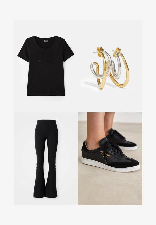 Camiseta negra de manga corta hecha de tela suave, con un logo sutil y brillante en un diseño tonal en la parte frontal. Escote redondo.; Leggings negros acampanados hechos de un material elástico, con una cintura alta y una textura suave. Sin patrones ni hardware visibles.; Zapatillas de cuero y ante negro con suelas de goma blanca. Presentan cordones en tono y detalles del logo dorado en el lateral. Diseño plano.; Pendientes de aro entrelazados en oro y plata con acabados suaves y brillantes; cuentan con un cierre de presión para un uso seguro.