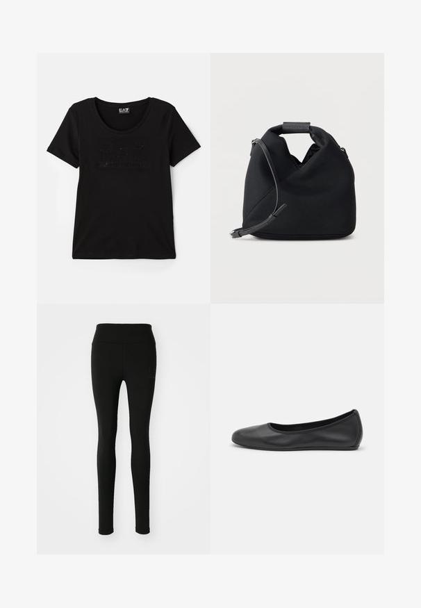 Camiseta negra de manga corta hecha de tela suave, con un logo sutil y brillante en un diseño tonal en la parte frontal. Escote redondo.; Leggings negros de tejido elástico, con una cintura alta y un logotipo discreto con piedras de strass en el lado izquierdo.; Bailarina de piel negra con punta redondeada, textura suave, detalle de costura minimalista y diseño de suela flexible.; Bolso de tela negra texturizada con asa corta enrollada y correa de hombro ajustable sobre fondo blanco.