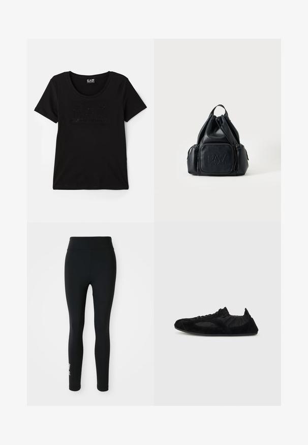 Camiseta negra de manga corta hecha de tela suave, con un logo sutil y brillante en un diseño tonal en la parte frontal. Escote redondo.; Leggings negros hechos de tela elástica, con una cintura alta y un pequeño logotipo impreso en una pierna. Textura suave, diseño ajustado.; Zapatilla ligera negra con acentos de ante, tobillo elástico y suela delgada, mostrada de perfil sobre un fondo liso.; Mochila negra de cuero con cordón, con bolsillos delanteros y laterales con cremallera, con el logo "EA7 Emporio Armani" en relieve en el bolsillo delantero.