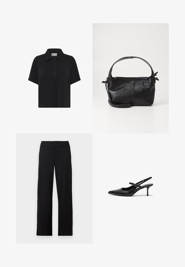 Polo noir à manches courtes avec col classique et patte à trois boutons, fabriqué en tissu lisse.; Pantalon noir à jambes droites avec passants de ceinture et braguette zippée, présenté sur fond blanc.; Talons aiguilles noires en cuir avec un bout pointu, une fine bride réglable, et un talon aiguille d'environ 5 cm, texture lisse.; Sac à main en cuir noir au design structuré, avec une poignée arrondie et une bandoulière amovible. Présente une texture lisse et un éclat subtil.