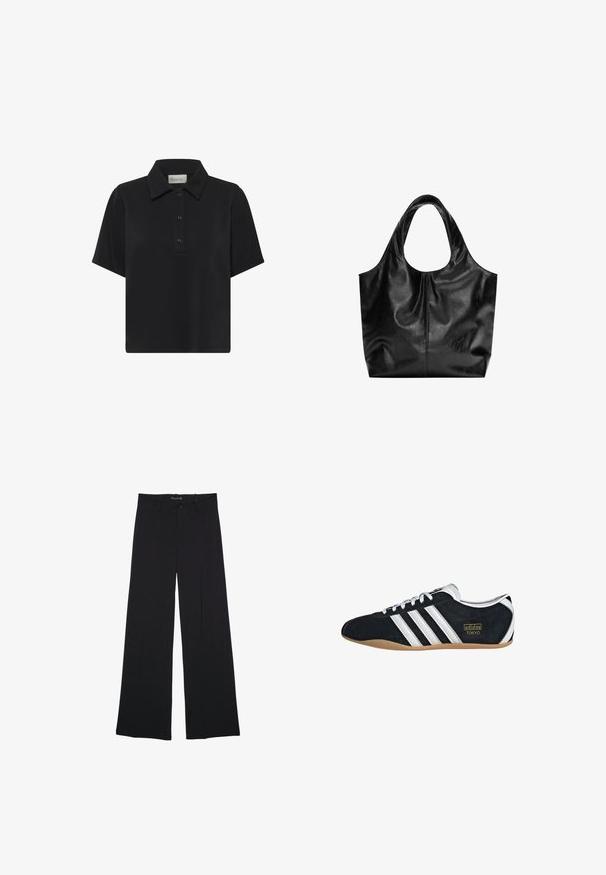 Polo noir à manches courtes avec col classique et patte à trois boutons, fabriqué en tissu lisse.; Pantalon noir à jambes larges avec passants de ceinture, bouton frontal et fermeture éclair, étalé à plat sur un fond blanc.; Sneakers en suede noir avec trois bandes blanches, logo doré et semelle en caoutchouc marron. Présente un design à lacets à profil bas.; Sac fourre-tout en cuir noir avec une texture lisse, un haut arrondi doux et de larges poignées. Présente une couture minimale et une silhouette décontractée.