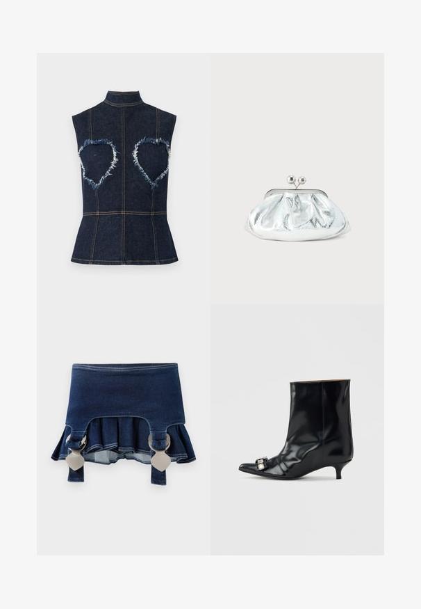 Haut en denim bleu foncé sans manches avec un col montant et des découpes en forme de cœur entourées de tissu effiloché au niveau de la poitrine.; Jupe en denim à ourlet évasé. Elle présente deux fermetures ajustables grises, une couleur bleu foncé et des détails de couture contrastants le long de l'ourlet.; Bottine en cuir noir avec bout pointu, petit talon kitten bas et boucle décorative en argent sur le côté près de l'orteil.; Petit sac pochette métallique argenté avec un design arrondi et froncé, fermeture à clip avec deux boules argentées.