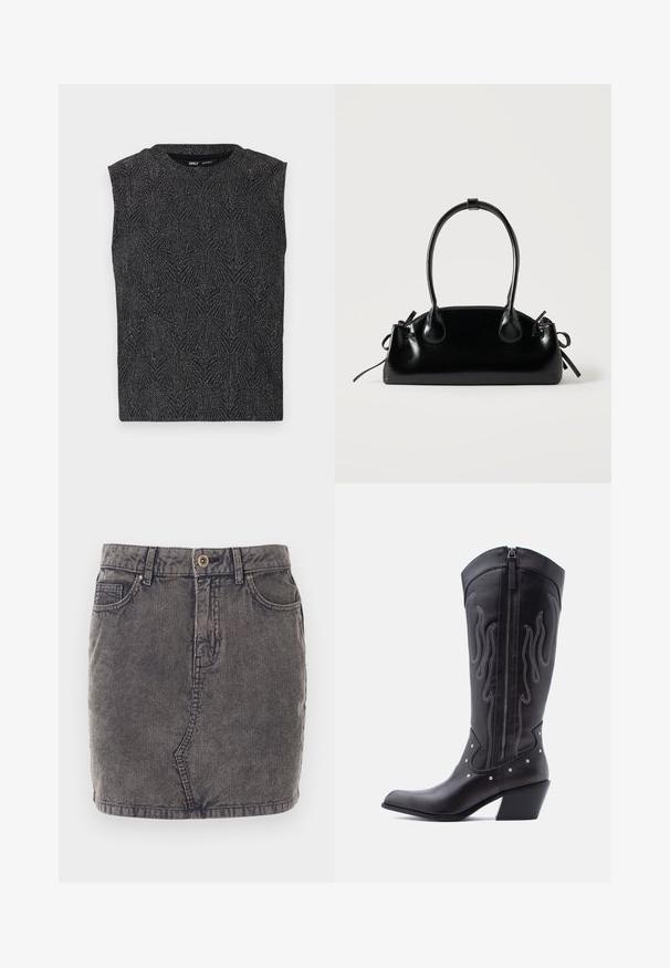 Haut sans manches noir avec un motif géométrique texturé, fabriqué à partir d'un tissu scintillant. Doté d'un col rond et d'une silhouette ajustée.; Jupe en denim grise avec une texture côtelée verticale, dotée d'une fermeture à boutons sur le devant, de deux poches latérales et d'un ourlet droit.; Bottes de cow-boy en cuir noir avec bout pointu, coutures apparentes, ornements à clous argentés et fermeture éclair sur le côté intérieur.; Petit sac à main noir brillant avec deux longues anses et des détails à cordon sur les côtés sur un fond clair uni.