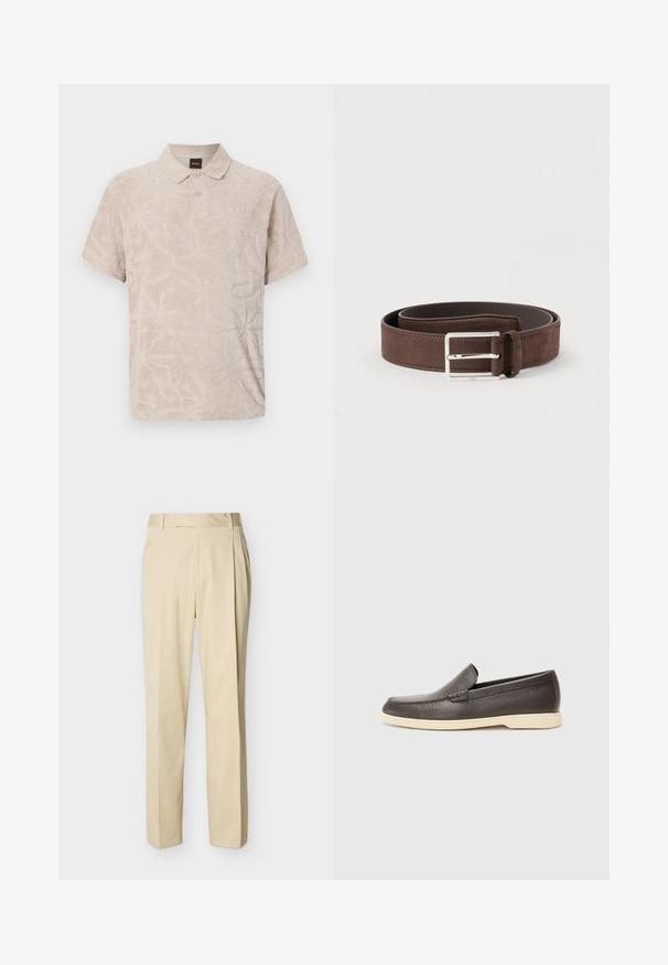 Polo beige à manches courtes avec un motif floral texturé subtil, patte à deux boutons, col et étiquette BOSS dans le col.; Pantalon beige à jambe droite avec passants de ceinture et plis sur le devant, sur un fond uni clair.; Chaussures à enfiler en cuir marron avec une surface texturée et une semelle beige clair contrastante, présentant un bout arrondi et de minimalistes détails de couture.; Ceinture en daim marron à la texture lisse, avec une boucle en métal argenté et un design simple. Dispose d'une doublure en cuir et de détails de couture.