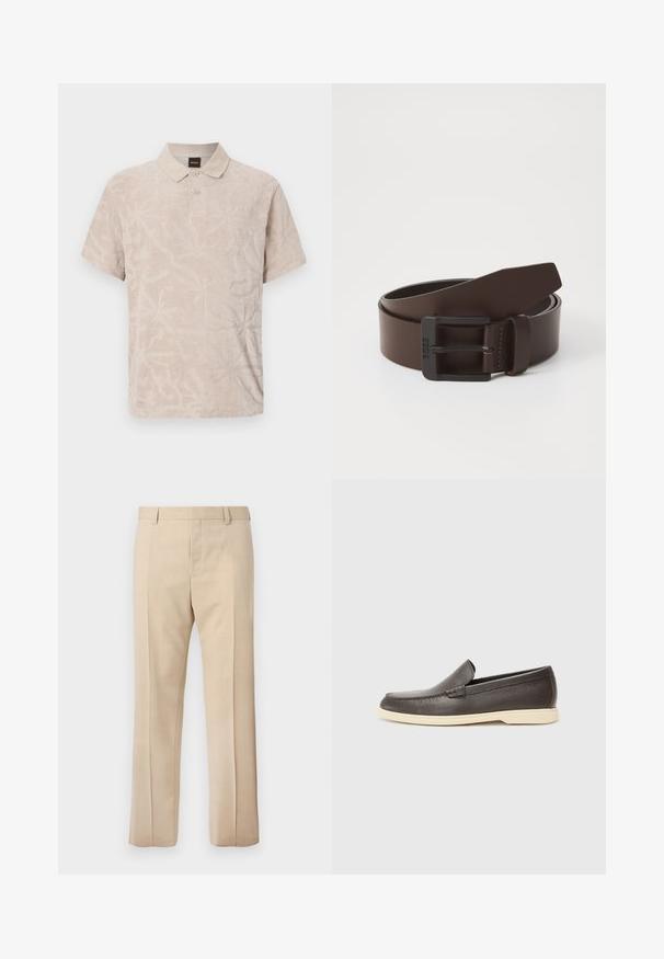 Polo beige à manches courtes avec un motif floral texturé subtil, patte à deux boutons, col et étiquette BOSS dans le col.; Pantalon beige sur mesure avec passants pour ceinture, pli devant et fermeture éclair dissimulée, présenté sur un fond uni.; Chaussures à enfiler en cuir marron avec une surface texturée et une semelle beige clair contrastante, présentant un bout arrondi et de minimalistes détails de couture.; Ceinture en cuir brun avec une boucle rectangulaire en métal noir, présentant des détails de couture le long des bords et une texture lisse.