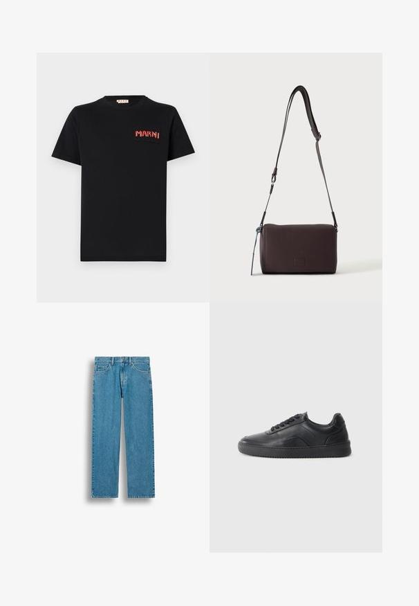 T-shirt en coton noir avec une poche carrée et le texte "MARNI" brodé en rouge. Encolure ronde et manches courtes, coupe classique.; Jean droit bleu en denim avec poches avant, passants de ceinture et fermeture à bouton, présenté sur fond blanc.; Chaussure de sport en cuir noir avec une finition lisse, bout arrondi, panneau latéral texturé et lacets noirs. Présente une semelle en caoutchouc plate et un design minimaliste.; Sac bandoulière en cuir marron foncé texturé avec une sangle réglable et un petit accent décoratif bleu sur le côté.