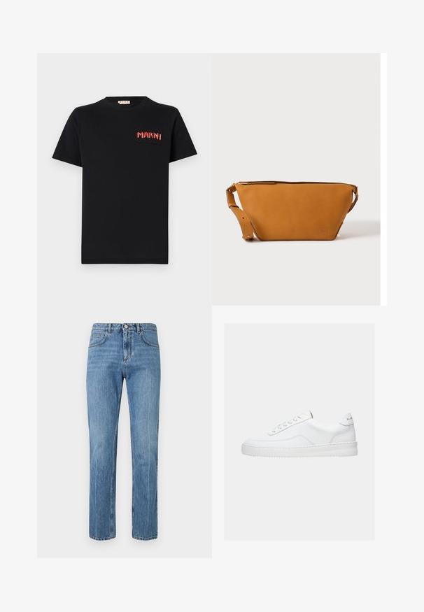 Sort bomulds T-shirt med en firkantet lomme og rød broderet "MARNI" tekst. Rund halsudskæring og korte ærmer, klassisk pasform.; Blå lige ben højtaljede jeans med frontknap, lynlås, bæltesløjfer og fem-lomme design mod en hvid baggrund.; Hvid lavt sneaker med snørelukning, glat læderoverdel og tyk sål, vist fra siden på en ensfarvet baggrund.; Lys brun læder crossbody taske med justerbar rem og lynlås, vist mod en ensartet lys baggrund.