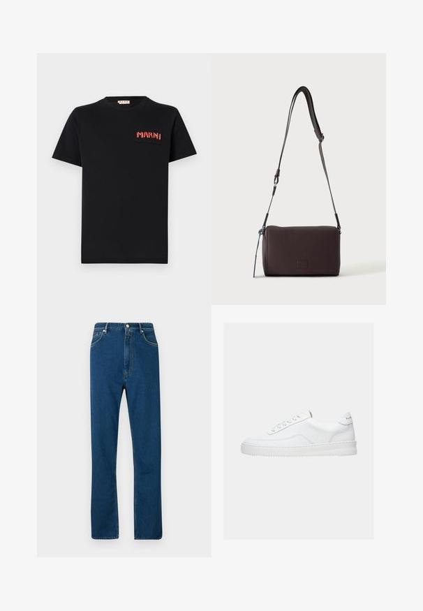 Zwart katoenen T-shirt met een vierkante zak en rode geborduurde tekst "MARNI". Ronde hals en korte mouwen, klassieke pasvorm.; Blauwe denim jeans met een hoge taille, rechte pijp, vijf zakken en contrasterende oranje stiksels. Glad textuur.; Witte lage sneaker met vetersluiting, glad leren bovenwerk en dikke zool, gezien vanuit de zijkant tegen een effen achtergrond.; Donkerbruine gestructureerde leren crossbodytas met verstelbare riem en klein decoratief blauw accent aan de zijkant.