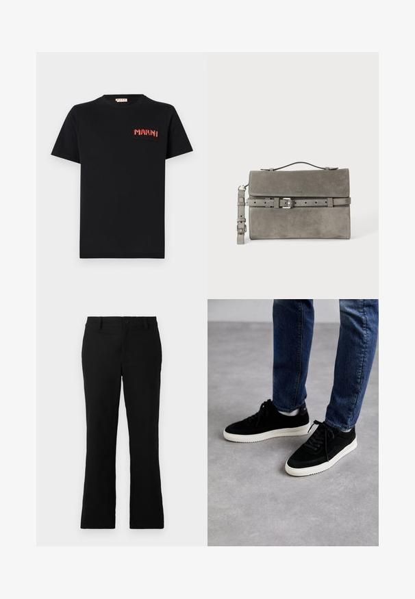 Sort bomulds T-shirt med en firkantet lomme og rød broderet "MARNI" tekst. Rund halsudskæring og korte ærmer, klassisk pasform.; Sorte flagrende bukser lavet af en blanding af bomuldsstof, med knaplukning, bælteløkker og en glat tekstur uden synlige mønstre.; Sorte ruskind sneakers med en hvid gummisål, der har et klassisk low-top design, rundt tå og flade sorte snørebånd.; Grå ruskind rektangulær clutch taske med top håndtag, aftagelig rem og sølv spænde bælte detalje på frontklappen.